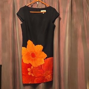 Studio I Black and Orange Asymmetrical Sheath Midi Dress